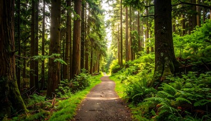 Fototapeta premium Sunlit path through a lush forest