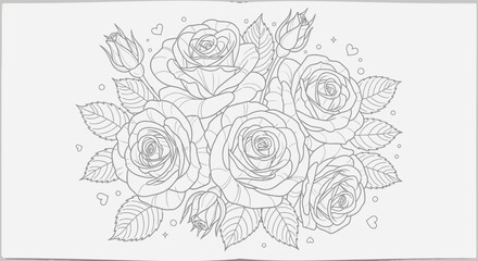Intricate line drawing of a romantic rose bouquet, perfect for adult coloring.