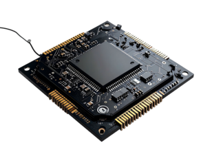 Close-up of a dark square circuit board with a central processor chip.  Electronic components and traces are visible. A thin wire connects to the board