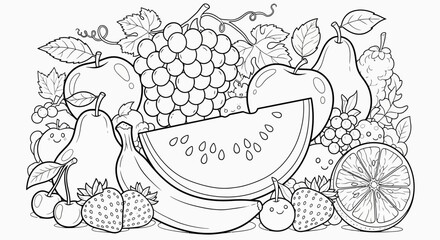 A delightful collection of fruits, ready for coloring, features apples, pears, grapes, watermelon, bananas, strawberries, and berries.