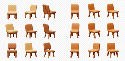An arrangement of eighteen simple, wooden chairs, presented in various angles and shades of brown, against a transparent background.