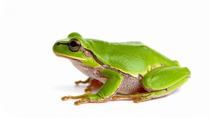 Naklejka premium Green tree frog in profile view on white background, showing climbing features