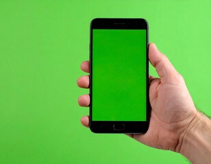Smartphone held in hand, green screen