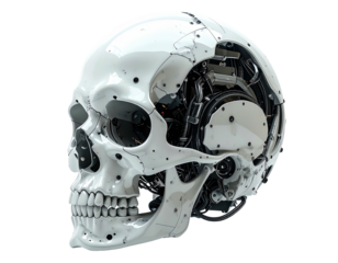 A white skull, intricately detailed with mechanical components