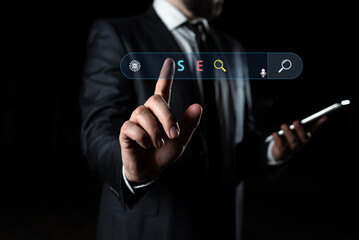 Businessman using AI-powered SEO search engine optimization tool on virtual interface, representing digital marketing strategy, website ranking, and online visibility