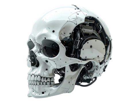 A white skull, intricately detailed with mechanical components