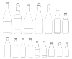 A set of glass bottles with unique shapes and sizes, outlined in black contour for a distinct graphic appearance.