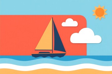 Naklejka premium Vector illustration of a sailboat on the summer beach at the ocean with a sun and the sky