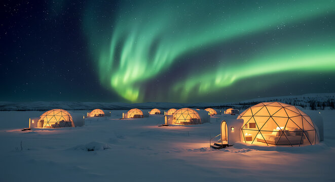 Cozy Igloo Glamping Under Dazzling Green Aurora Borealis Sky - Powered by Adobe