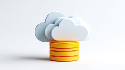 3D rendered cloud storage icon, white clouds atop a stack of orange data disks, on a white background
