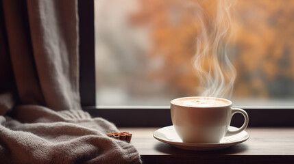 Tasse de café ou cappuccino. Boisson chaude, ambiance chaleureuse et relaxante, au bord d'une fenêtre, lumière automnale et hivernale.  Arrière-plan pour conception et création graphique.