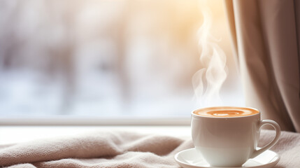 Tasse de café ou cappuccino. Boisson chaude, ambiance chaleureuse et relaxante, au bord d'une fenêtre, lumière automnale et hivernale.  Arrière-plan pour conception et création graphique.
