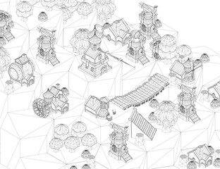 Ancient city rendered in low poly wireframe style with buildings, trees, and objects against a white background.