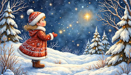 Adorable Girl Looking at Stars on Snowy Winter Night - A charming scene of a young girl in winter clothing watching a starry sky, surrounded by snow-covered trees and a peaceful, magical setting.