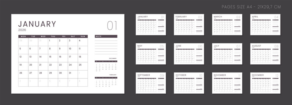 Set of 12 Pages Monthly Calendar Planner Templates on 2026 year. Vector mockup of a wall or desktop calendar organizer grid with the week starting on Monday ready print. Page for size A4 -21x29.7 cm