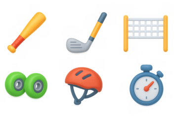 3d sports icons illustration: simple composition featuring baseball, golf, and cycling equipment