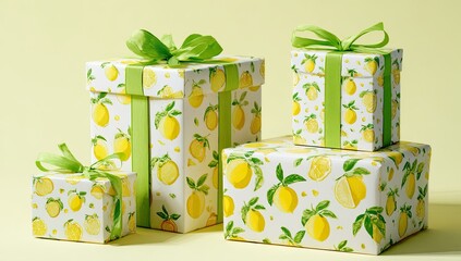 Gift boxes stacked, wrapped in lemon-themed paper with green ribbons