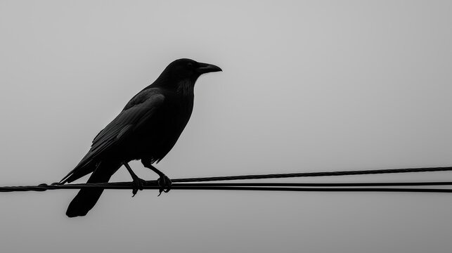 A single black crow silhouette perched on a wire, empty sky background.