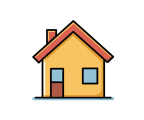 A simple, stylized illustration of a yellow house with a red roof and a chimney.