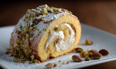 a pistachio almond Swiss roll, showing a golden sponge cake spiraled with a rich, creamy white filling