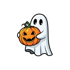 Cute ghost holding a carved pumpkin isolated on transparent background for halloween halloween clipart