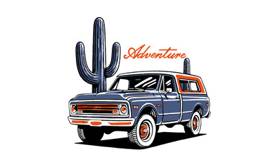 vintage artwork of a classic pickup truck in the desert. Live Your Adventure illustration for a t-shirt © Irfan