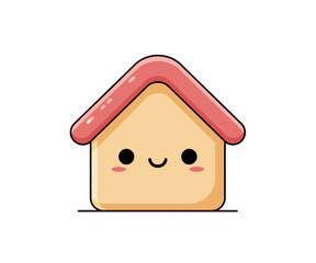Cute cartoon illustration of a house with a smiling face, pink roof, and simple design.