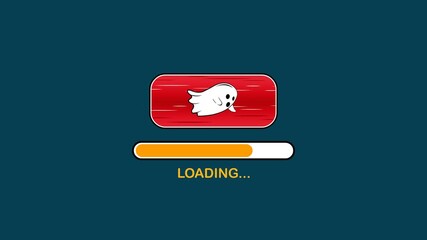 Halloween game loading screen animation with a flying ghost in a red frame and progress bar filling. Perfect for spooky game UI, app intro, or festive interface design.