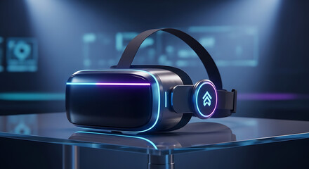 Futuristic VR Headset with Neon Lights, Virtual Reality Gaming and Technology Concept