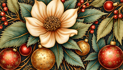 Christmas Garland With Floral and Ornament Details - Intricate festive design featuring a white flower, lush leaves, red berries, and golden ornaments.