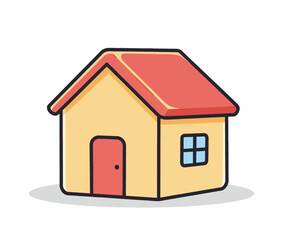 A simple, stylized illustration of a yellow house with a red roof and a single window.