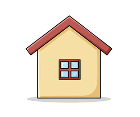 Simple cartoon house illustration with a yellow wall, red roof, and a single blue-framed window.