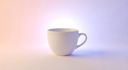 Minimalist white ceramic cup against soft, dreamy color gradation backdrop