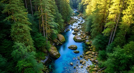 A tranquil, crystal-clear river winds through a dense, lush forest, bathed in sunlight, showcasing vibrant greens and a striking blue hue.