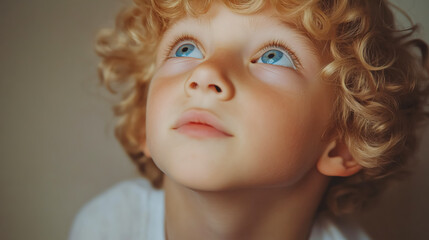 Obraz premium Curious Young Boy with Blond Curls and Blue Eyes Looking Upward