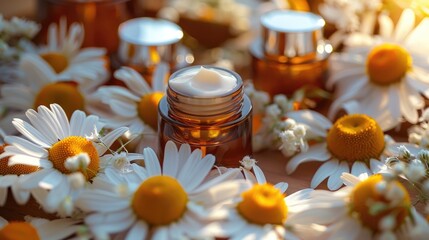 The jar of skin care cream is decorated among delicate yellow flowers, demonstrating the concept of natural beauty on a spring floral background.