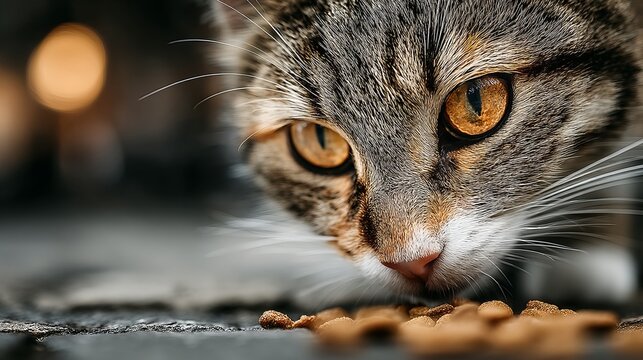 Tabby Cat with Yellow Eyes Resting Beside Food Bowl on Rustic Wood Surface - Powered by Adobe