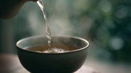 steaming cup of tea is being poured, creating calming atmosphere with soft light and gentle steam rising. scene evokes warmth and tranquility