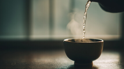 steaming cup of tea is being poured, creating calming atmosphere with soft light and gentle steam rising. scene evokes warmth and tranquility