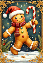 Gingerbread Man Holding Candy Cane in Festive Setting - Christmas illustration of a gingerbread man in a holiday atmosphere, wearing a Santa hat and scarf, holding a candy cane.