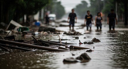 People wading through floodwater debris heavy rain.