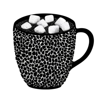 Detailed mug of hot cocoa with marshmallows and abstract texture on transparent background