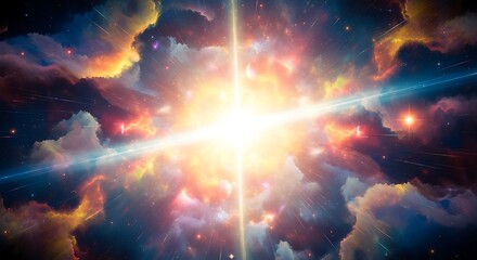 Explosive celestial event, cosmic cloudscape with radiating light