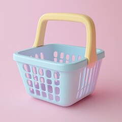 Pastel Blue Shopping Basket with Yellow Handle on Pink Background Ecommerce Retail Shopping Concept