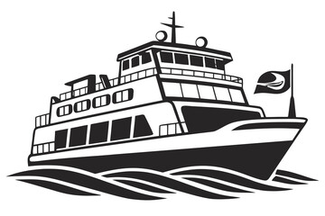Fototapeta premium Black and white illustration of a ferry boat sailing on the water with a flag.