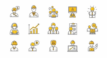 Construction and engineering team management icons showing project progress, team collaboration, and financial planning for building a sustainable future with modern design elements