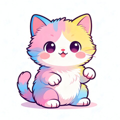 Obraz premium Colorful Kitten Sitting Happy Pastel Cartoon Style Animal