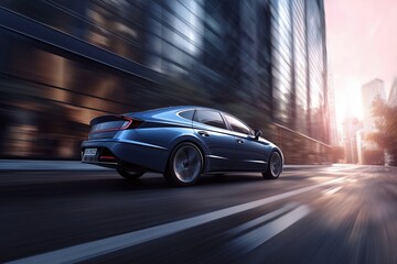 Sleek blue sedan speeding through a modern cityscape at sunset with tall buildings in the background