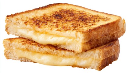 Two golden-brown, toasted bread slices sandwiching melted cheese, slightly offset, showcasing crispy edges and gooey interior