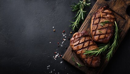 Two grilled steaks, medium-rare, seasoned with rosemary sprigs, rest on a dark wooden cutting board atop a black textured surface. Scattered salt and peppercorns are nearby